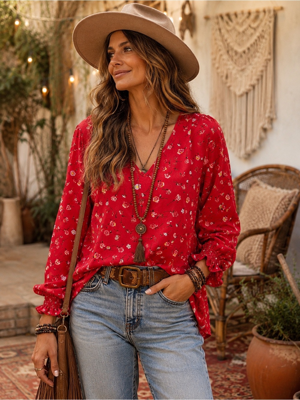 Red Floral V-Neck Long Sleeve Boho Blouse